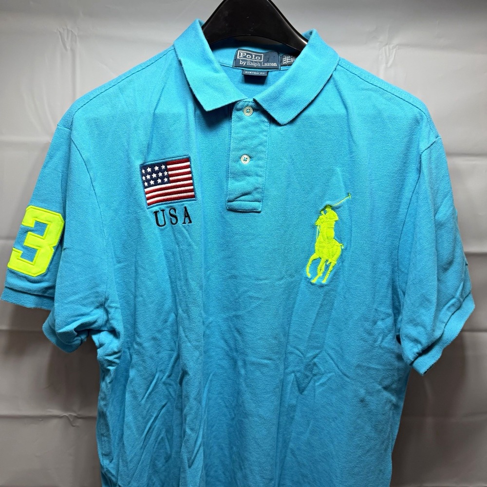 Polo Ralph Lauren Big Pony USA Shirt Turquoise Neon Yellow Flag Men XXL Custom